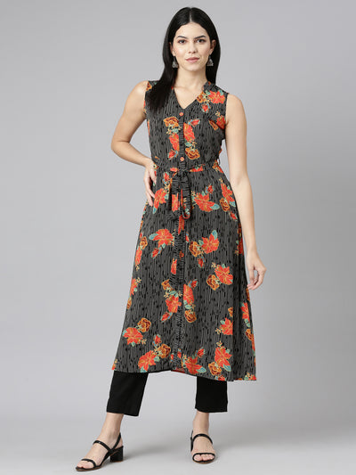 Neerus Black Regular Straight Printed Kurtas
