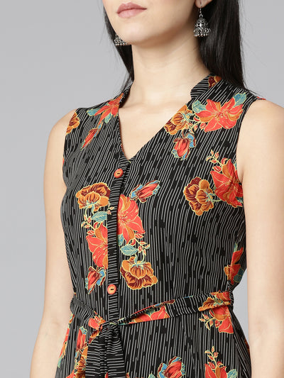 Neerus Black Regular Straight Printed Kurtas