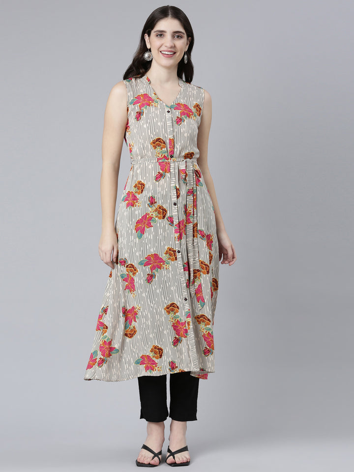 Neerus Cream Regular Straight Printed Kurta