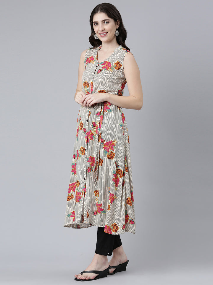 Neerus Cream Regular Straight Printed Kurta