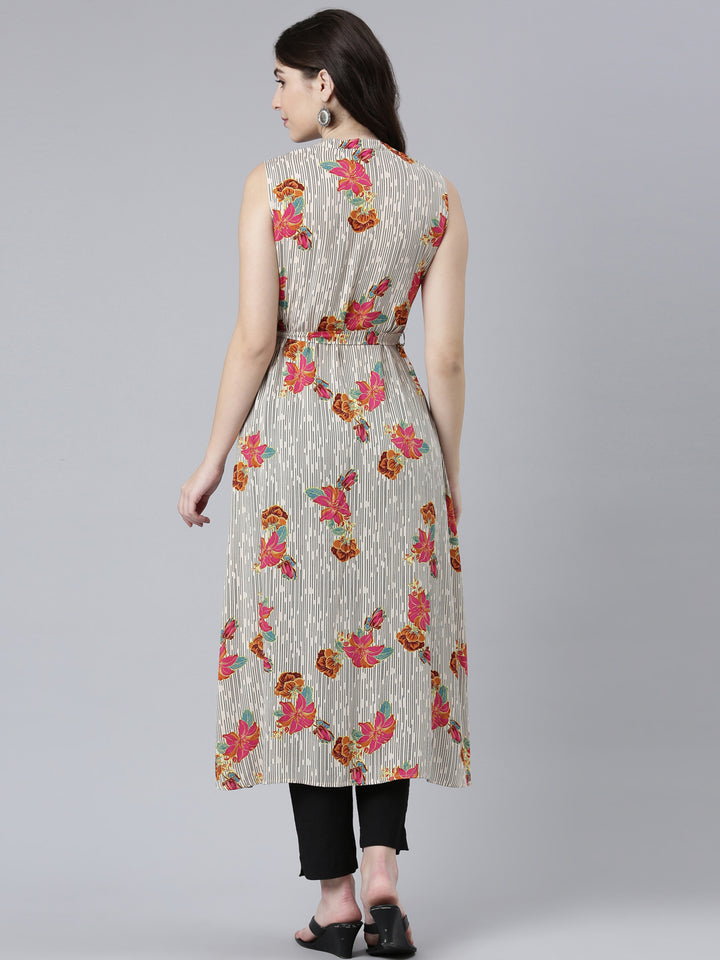 Neerus Cream Regular Straight Printed Kurta