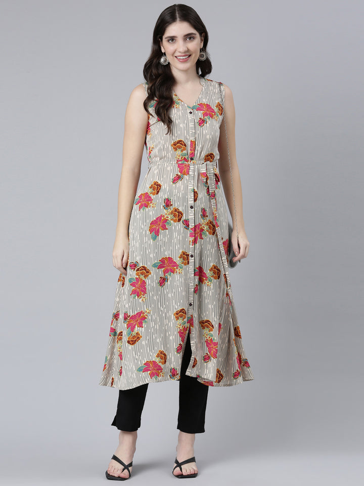 Neerus Cream Regular Straight Printed Kurta