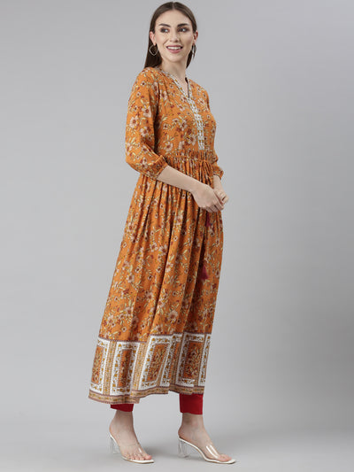 Neeru's Rust Straight Casual Floral Dresses