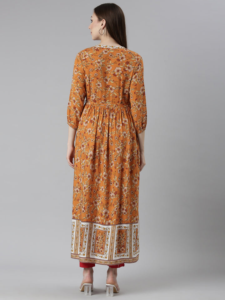 Neerus Rust Straight Casual Floral Dresses