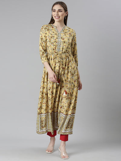 Neeru's Yellow Straight Casual Floral Dresses