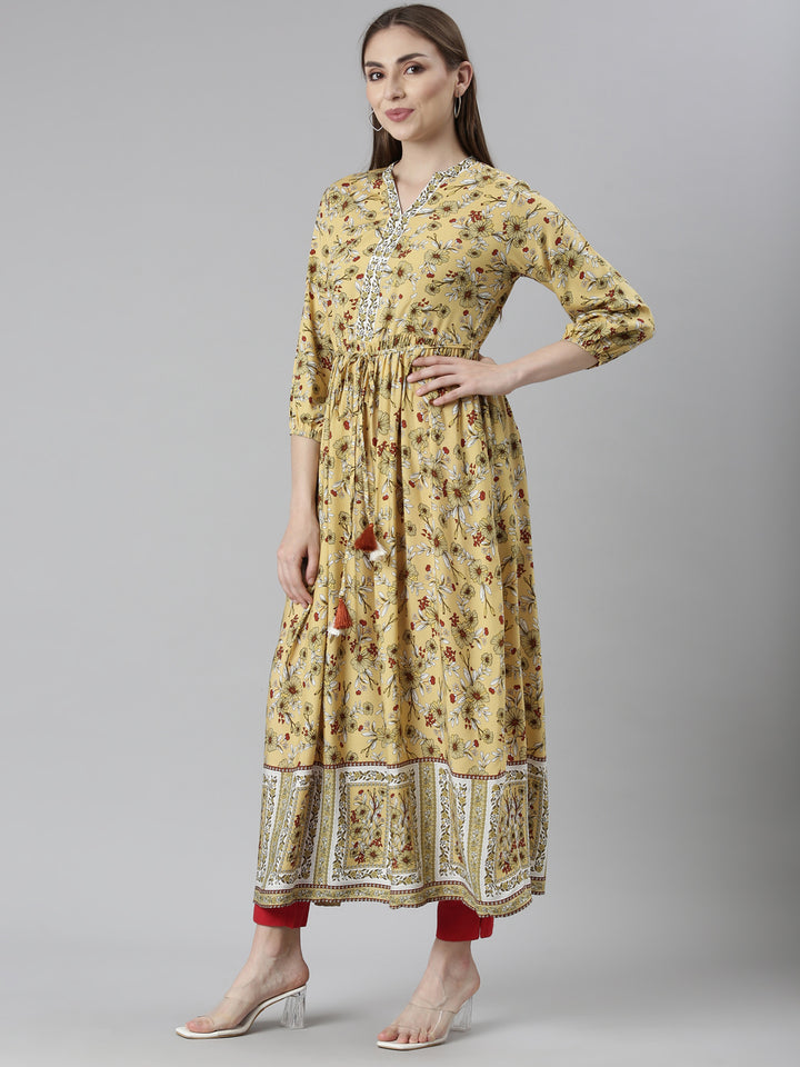 Neerus Yellow Straight Casual Floral Dresses