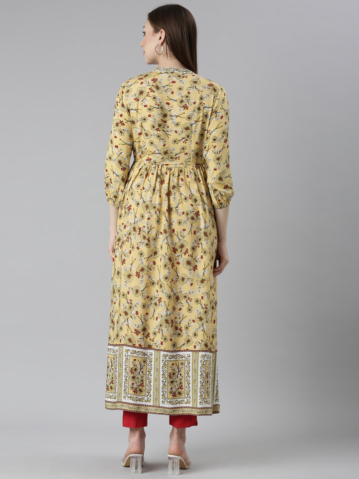 Neerus Yellow Straight Casual Floral Dresses