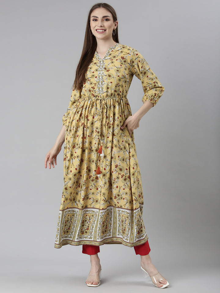 Neerus Yellow Straight Casual Floral Dresses