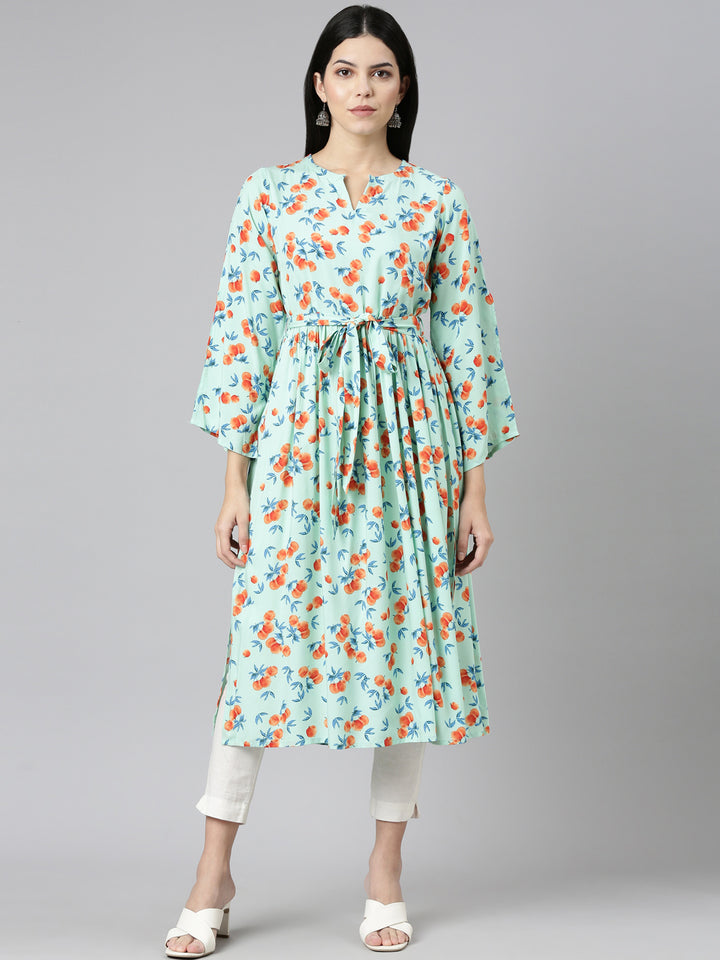Neerus Sea Green Pleated Straight Printed Kurtas
