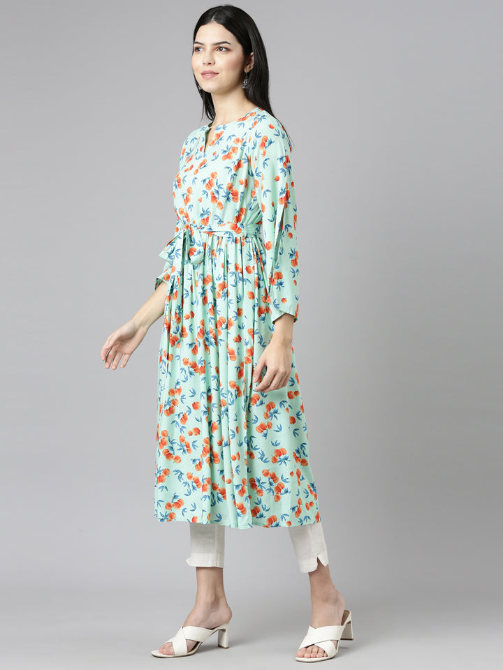 Neerus Sea Green Pleated Straight Printed Kurtas