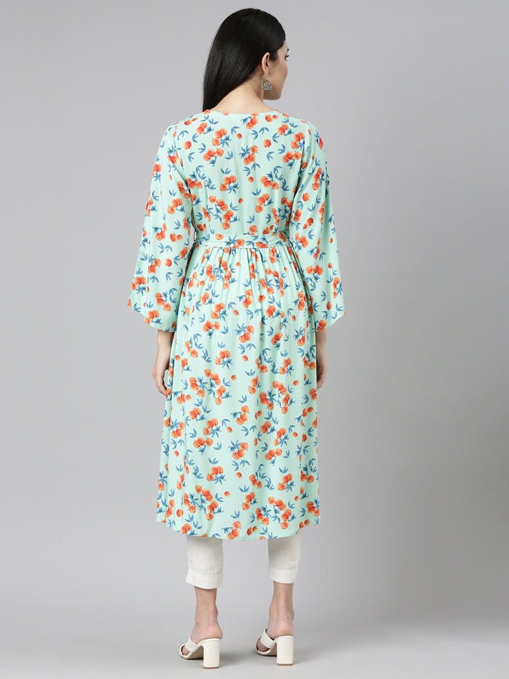 Neerus Sea Green Pleated Straight Printed Kurtas