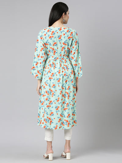 Neerus Sea Green Pleated Straight Printed Kurtas