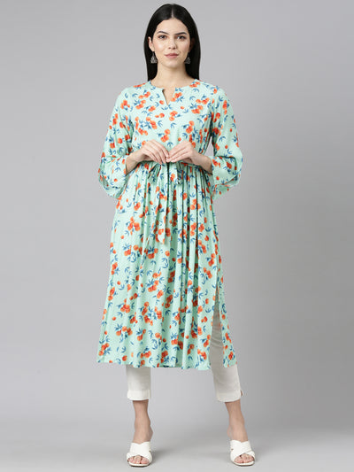 Neerus Sea Green Pleated Straight Printed Kurtas
