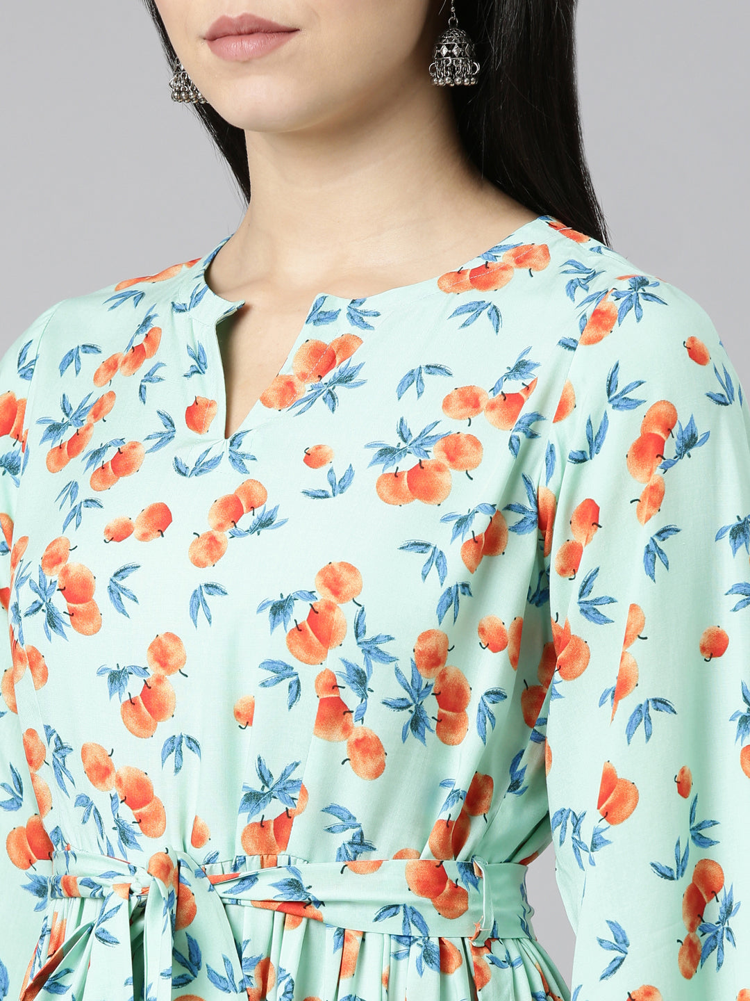 Neerus Sea Green Pleated Straight Printed Kurtas