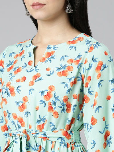Neerus Sea Green Pleated Straight Printed Kurtas