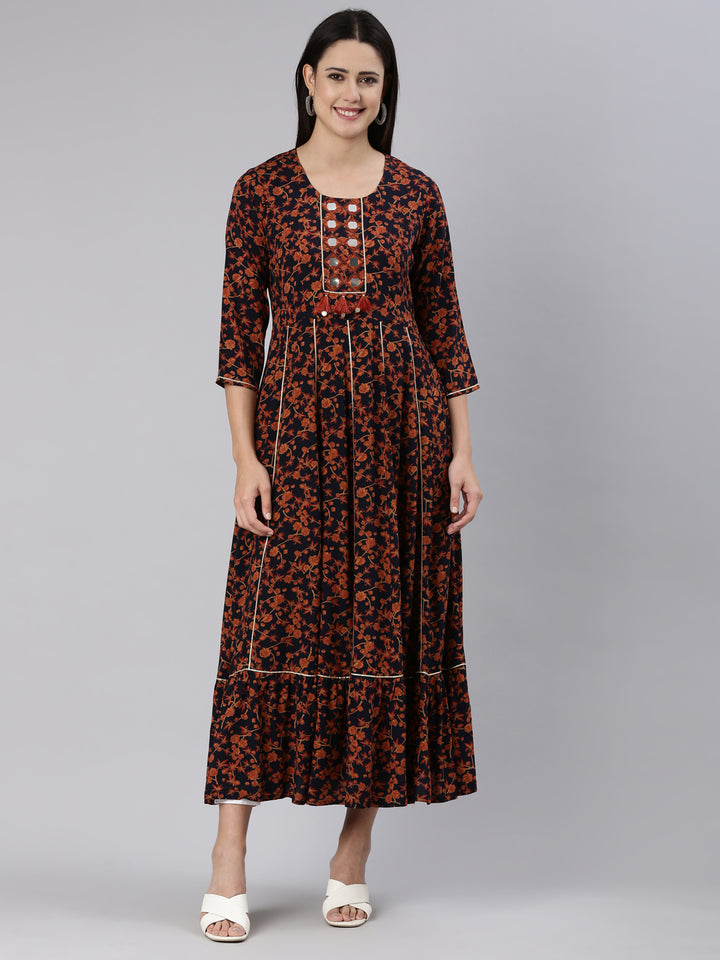 Neerus Navy Blue Straight Casual Floral Dress
