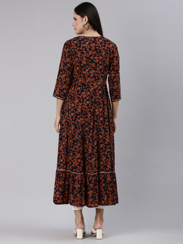 Neerus Navy Blue Straight Casual Floral Dress
