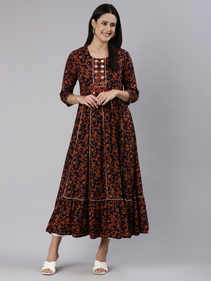 Neerus Navy Blue Straight Casual Floral Dress