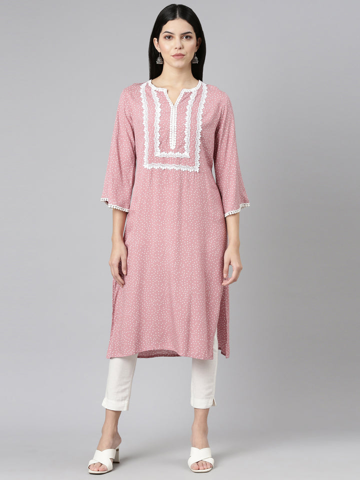 Neerus Pink Pleated Straight Printed Kurtas