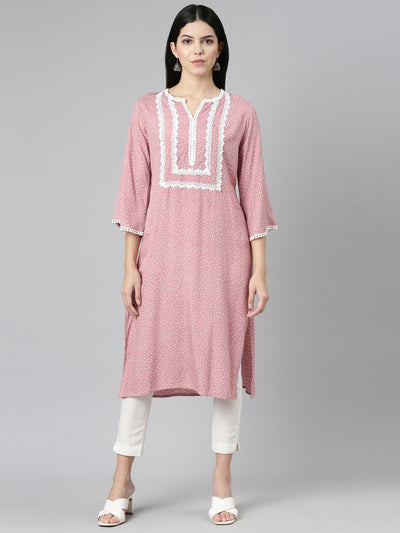 Neerus Pink Pleated Straight Printed Kurtas