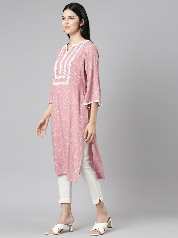Neerus Pink Pleated Straight Printed Kurtas