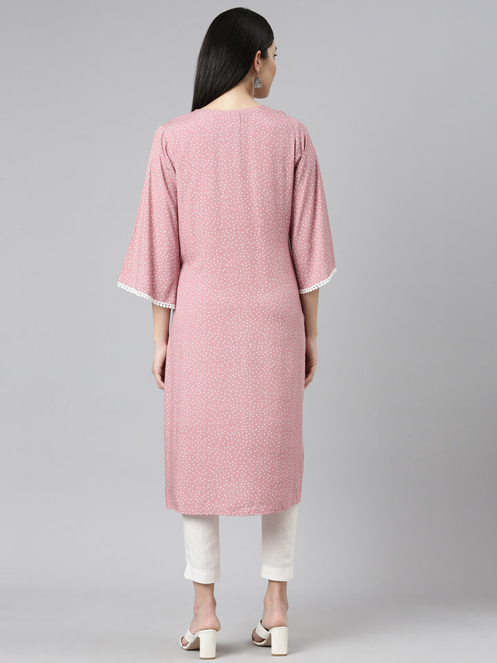 Neerus Pink Pleated Straight Printed Kurtas
