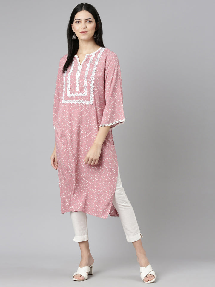 Neerus Pink Pleated Straight Printed Kurtas