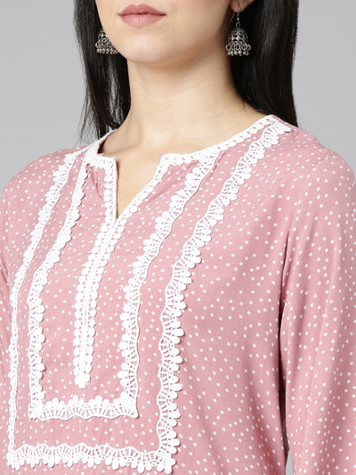Neerus Pink Pleated Straight Printed Kurtas
