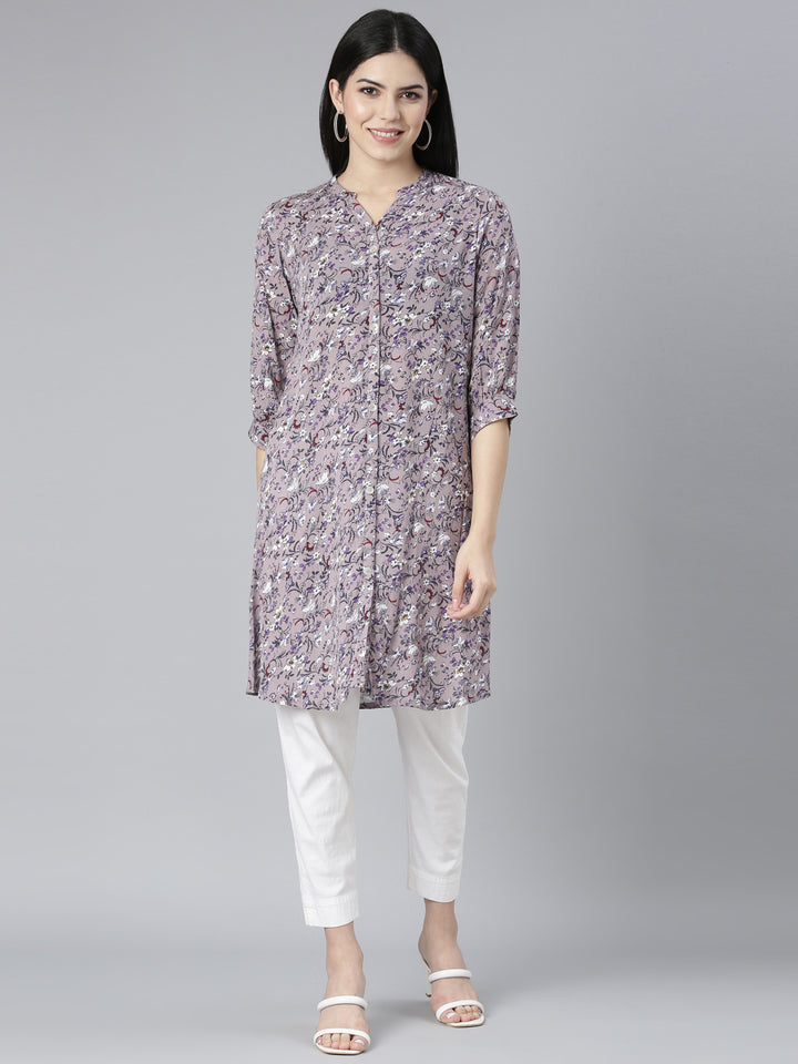 Neerus Grey georgette printed floral straight kurti - front view