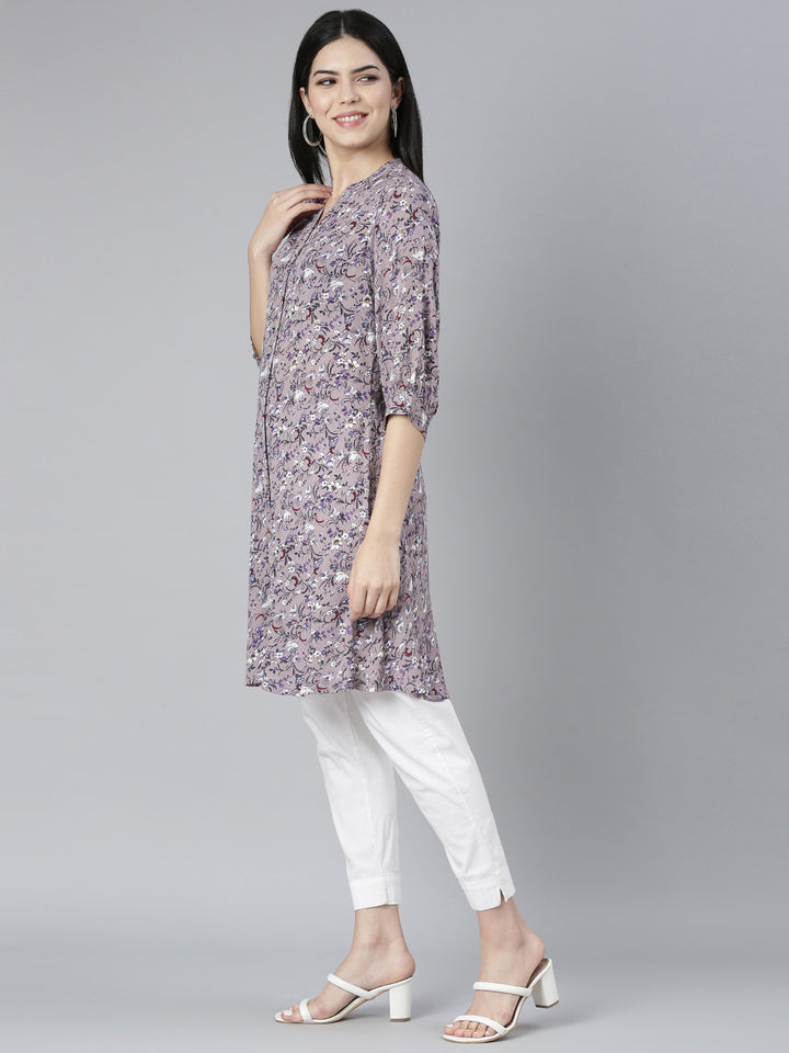 Neerus Grey georgette printed floral straight kurti - back view