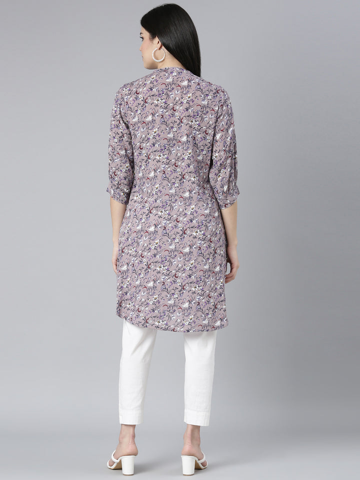 Neerus Grey georgette printed floral straight kurti - side view