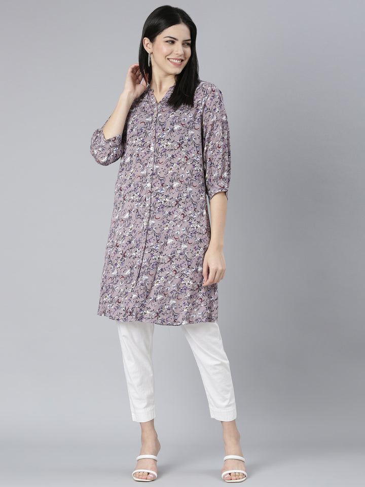 Neerus Grey georgette printed floral straight kurti - detail view 2
