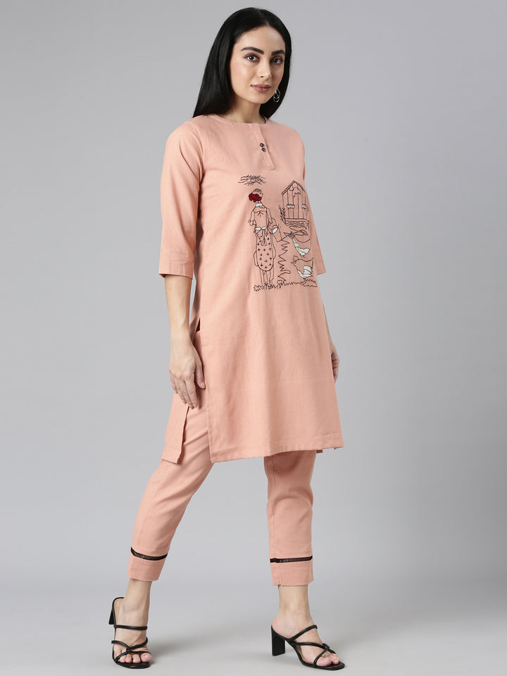 Neerus Pink Regular Straight Solid Kurta and Trousers