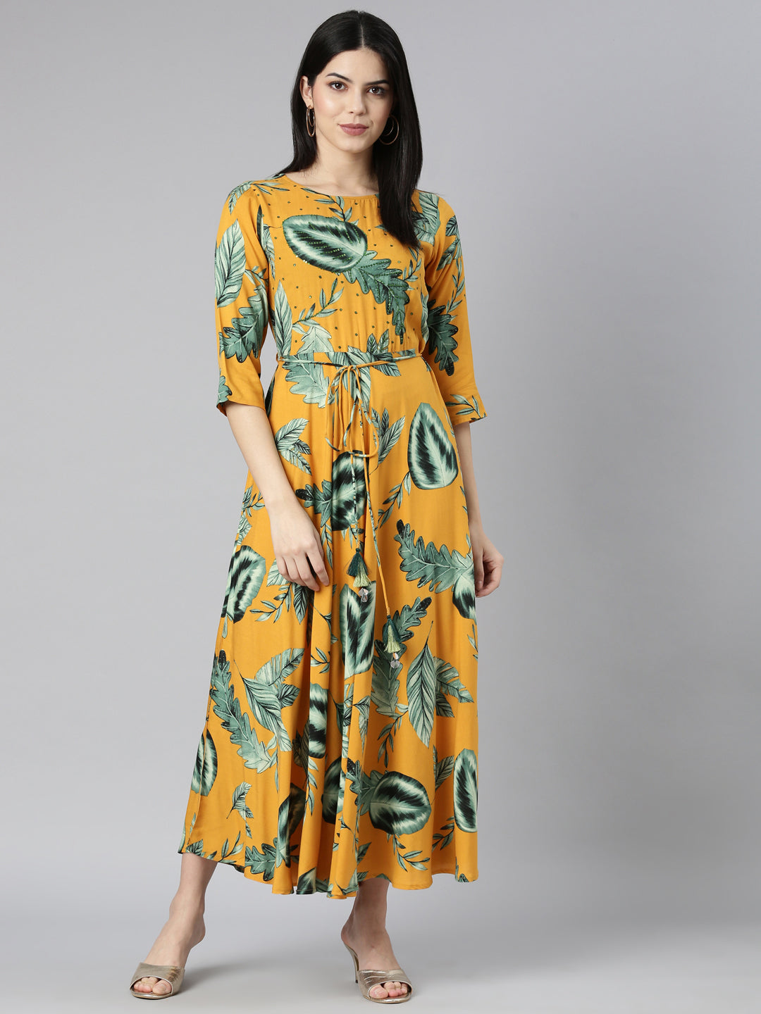 Neerus Yellow Casual Floral Fit and Flare Dresses