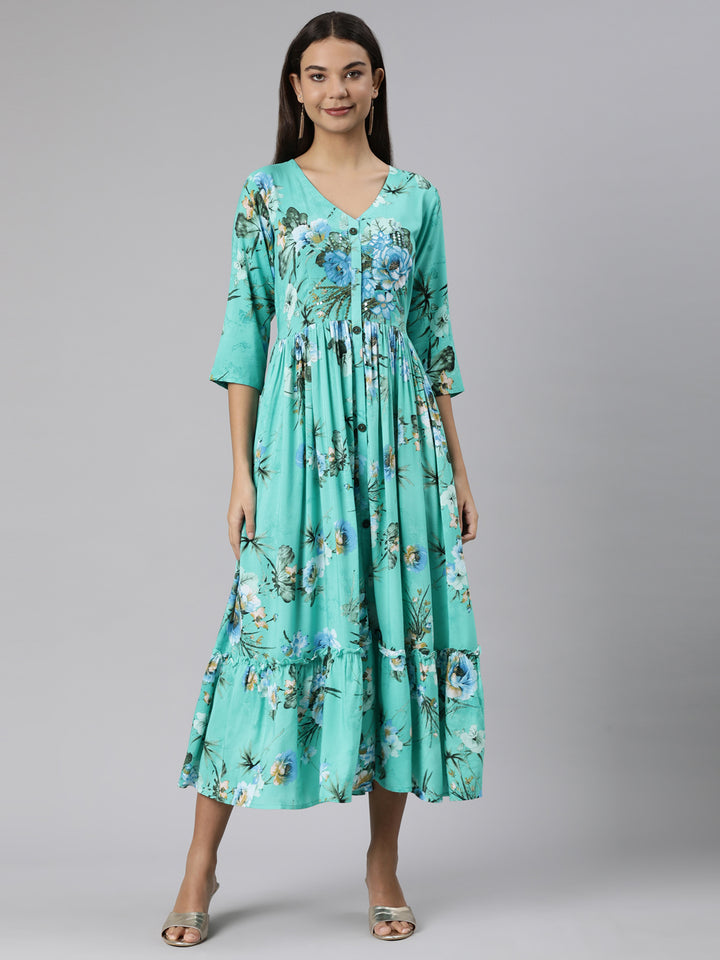 Neerus Sea Green Straight Casual Floral Dresses