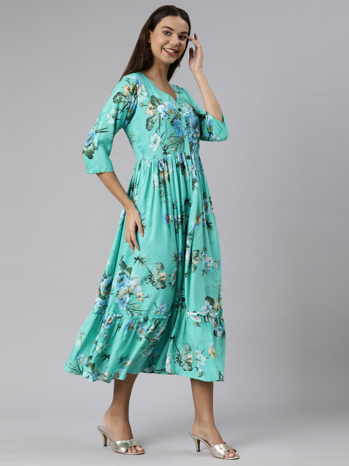 Neerus Sea Green Straight Casual Floral Dresses