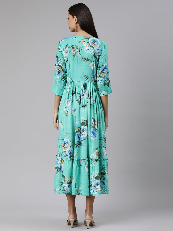 Neerus Sea Green Straight Casual Floral Dresses
