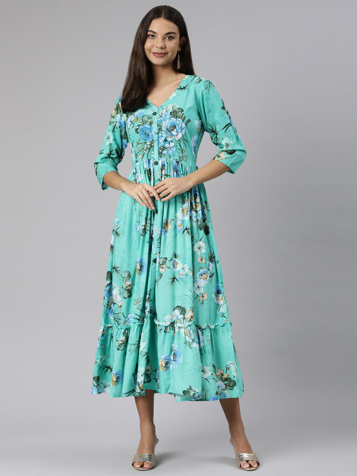 Neerus Sea Green Straight Casual Floral Dresses
