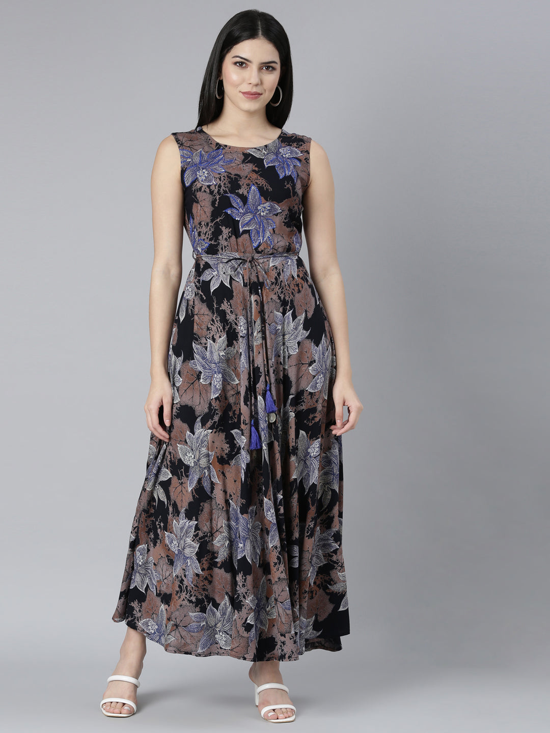Neerus Blue Casual Floral Fit and Flare Dresses