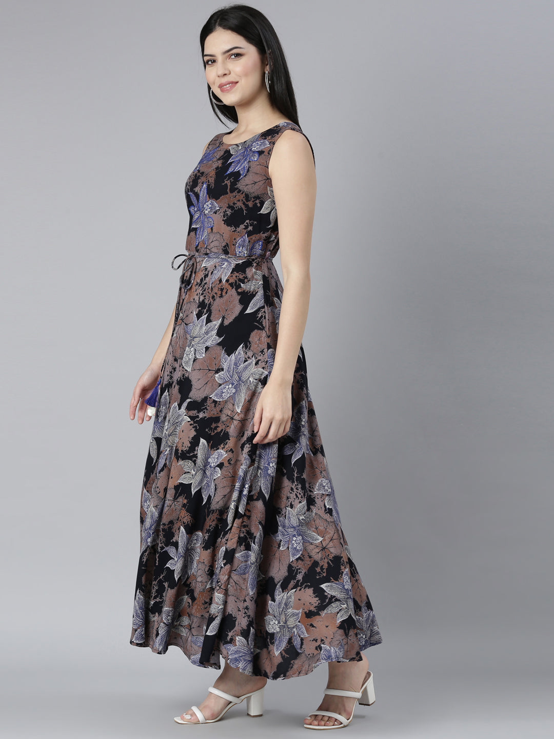 Neerus Blue Casual Floral Fit and Flare Dresses