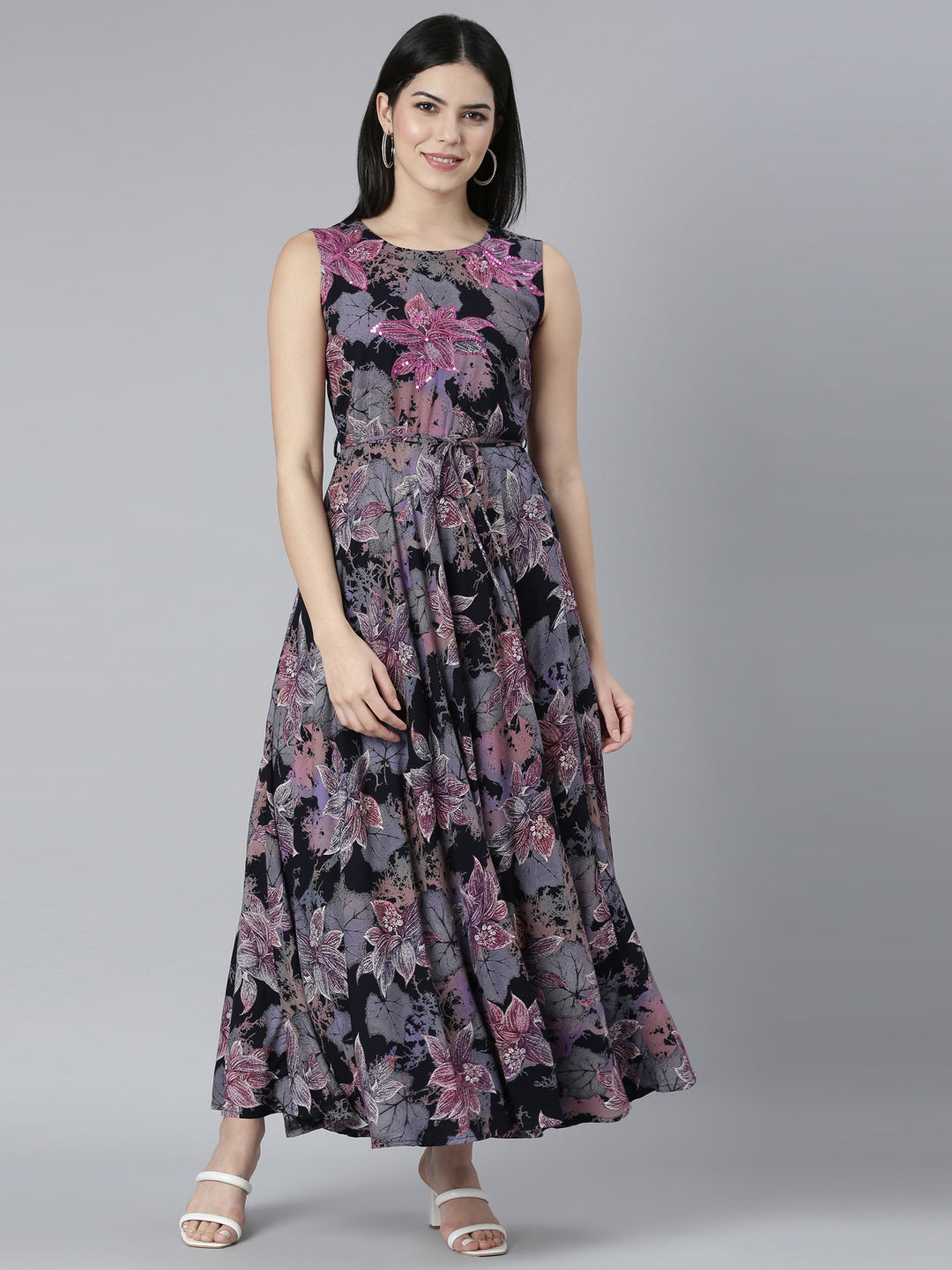 Neerus Grey Casual Floral Fit and Flare Dresses