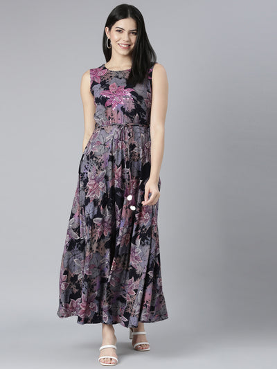 Neerus Grey Casual Floral Fit and Flare Dresses