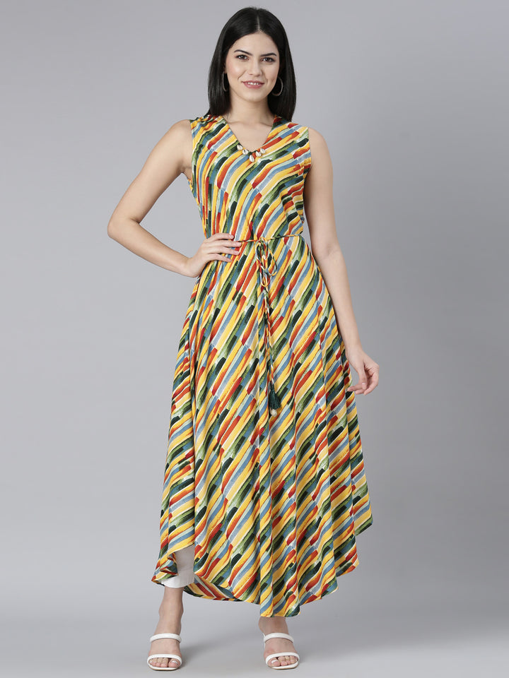 Neerus Yellow High-Low Casual Striped Fit and Flare Dresses