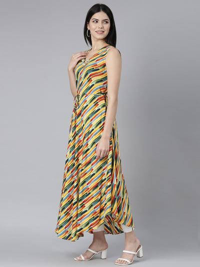 Neerus Yellow High-Low Casual Striped Fit and Flare Dresses