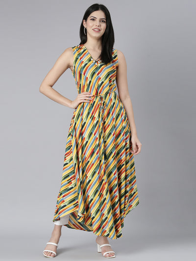 Neerus Yellow High-Low Casual Striped Fit and Flare Dresses