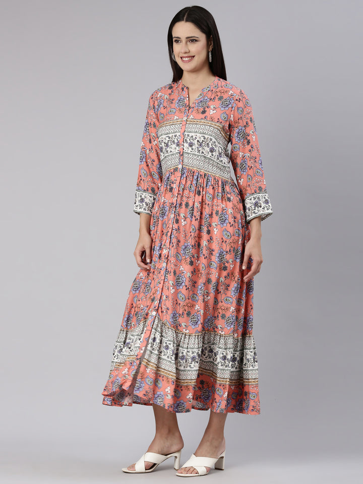 Neerus Coral Straight Casual Floral Dress