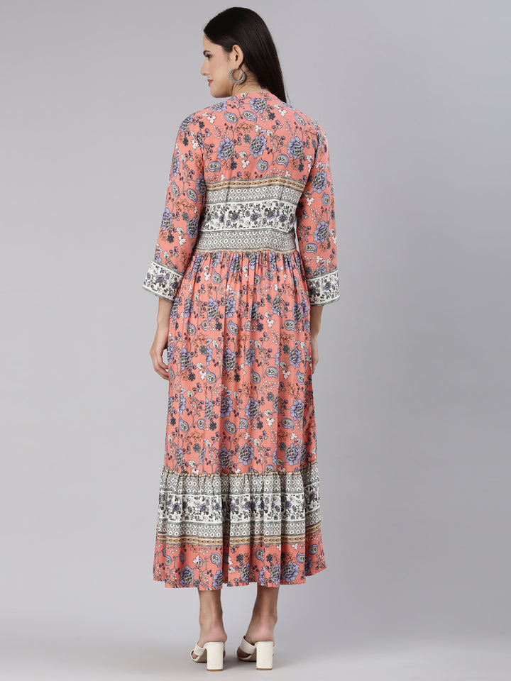 Neerus Coral Straight Casual Floral Dress