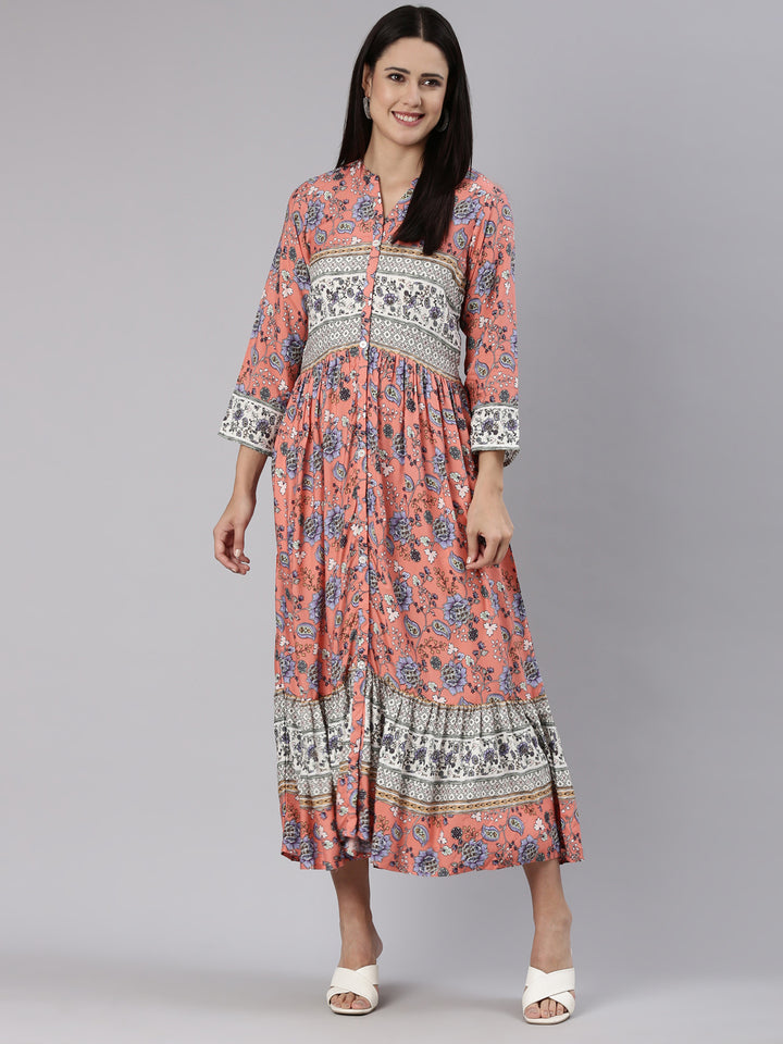 Neerus Coral Straight Casual Floral Dress