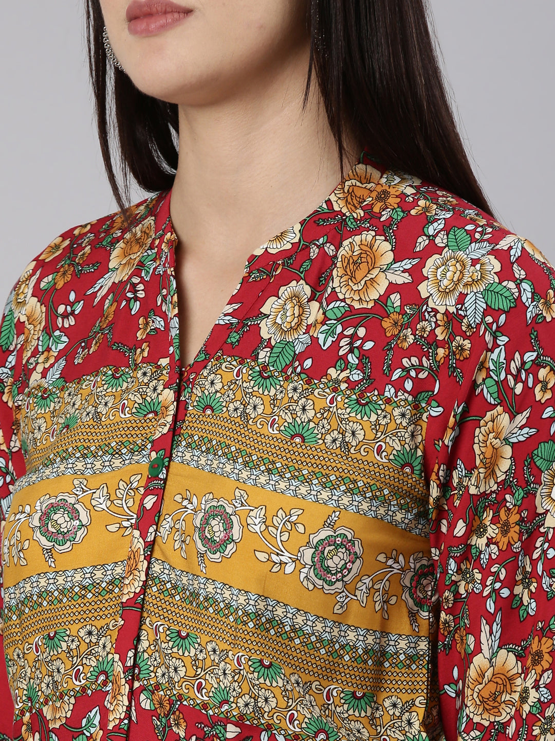 Neerus Red Straight Casual Floral Dress