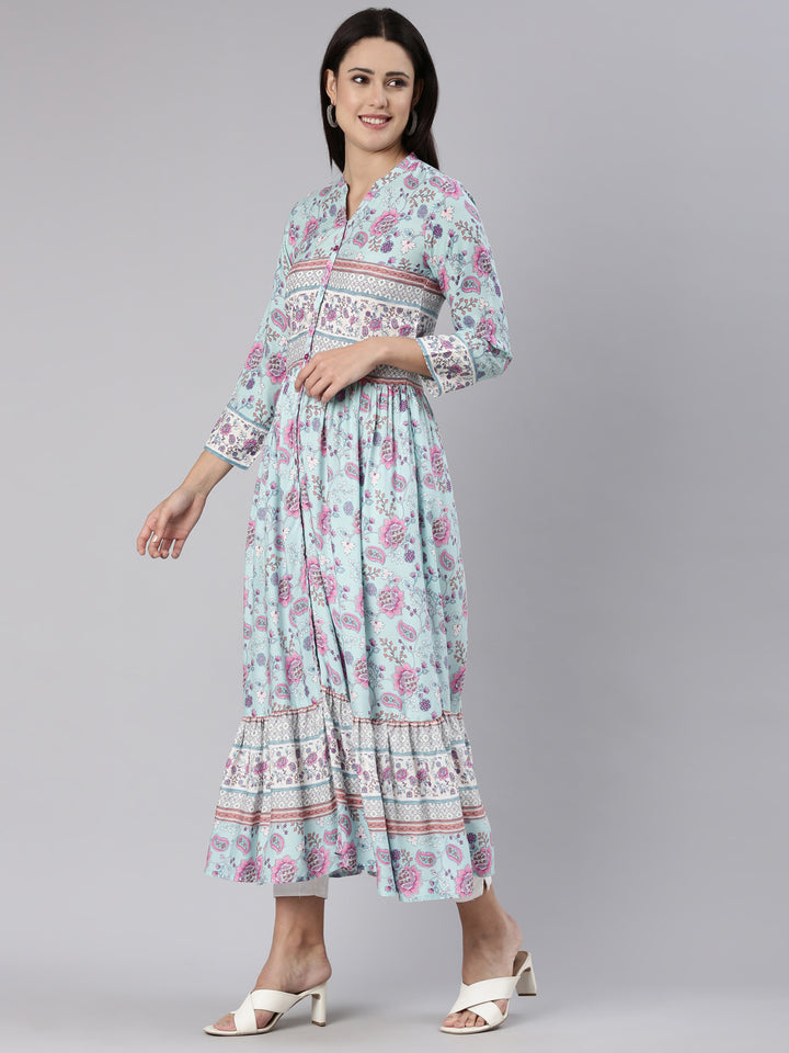Neerus Blue Straight Casual Floral Dress